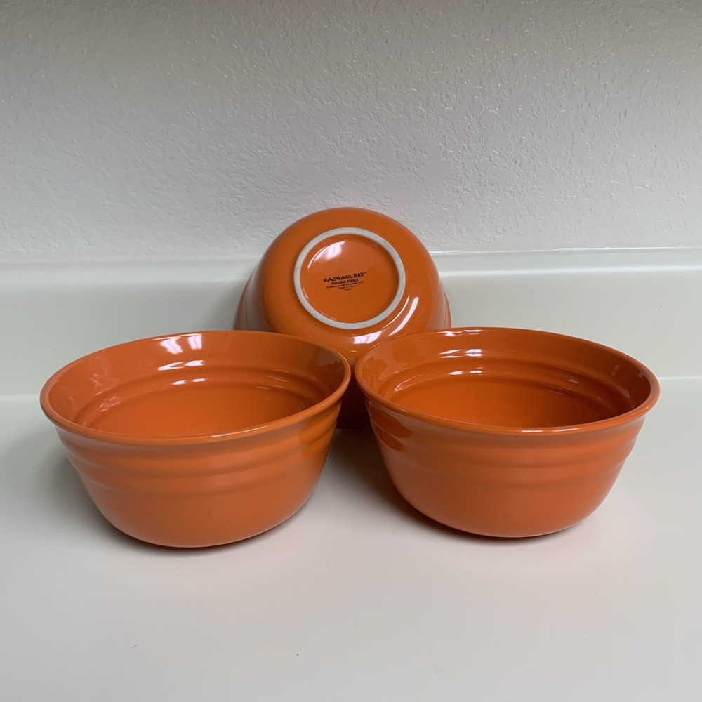 Set of 3 Rachael Ray Tangerine Orange Double Ridge Stoneware Cereal Bowl Harvest